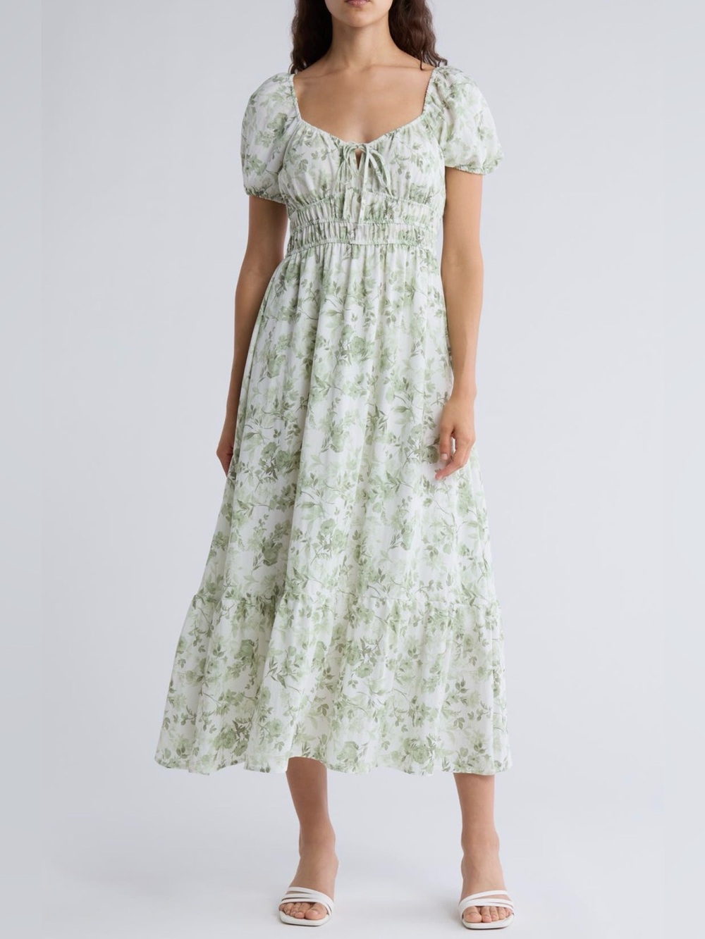August Sky Floral Puff Sleeve Midi Dress